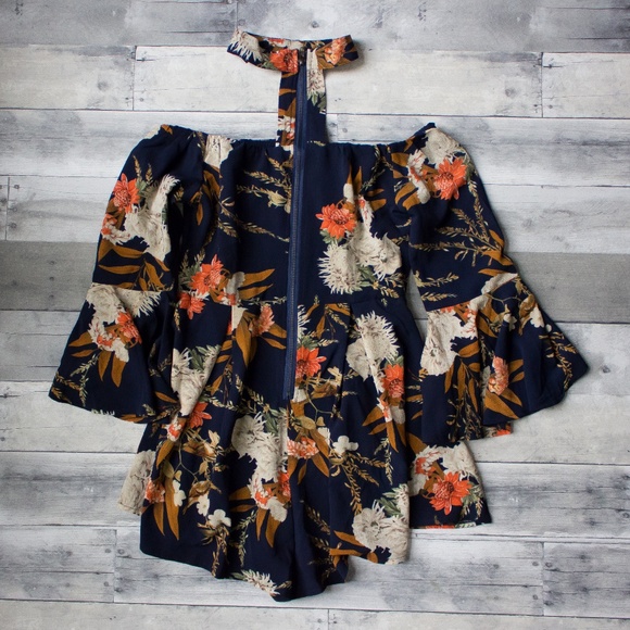 Navy Blue Floral Print Choker Romper Playsuit - Picture 2 of 6